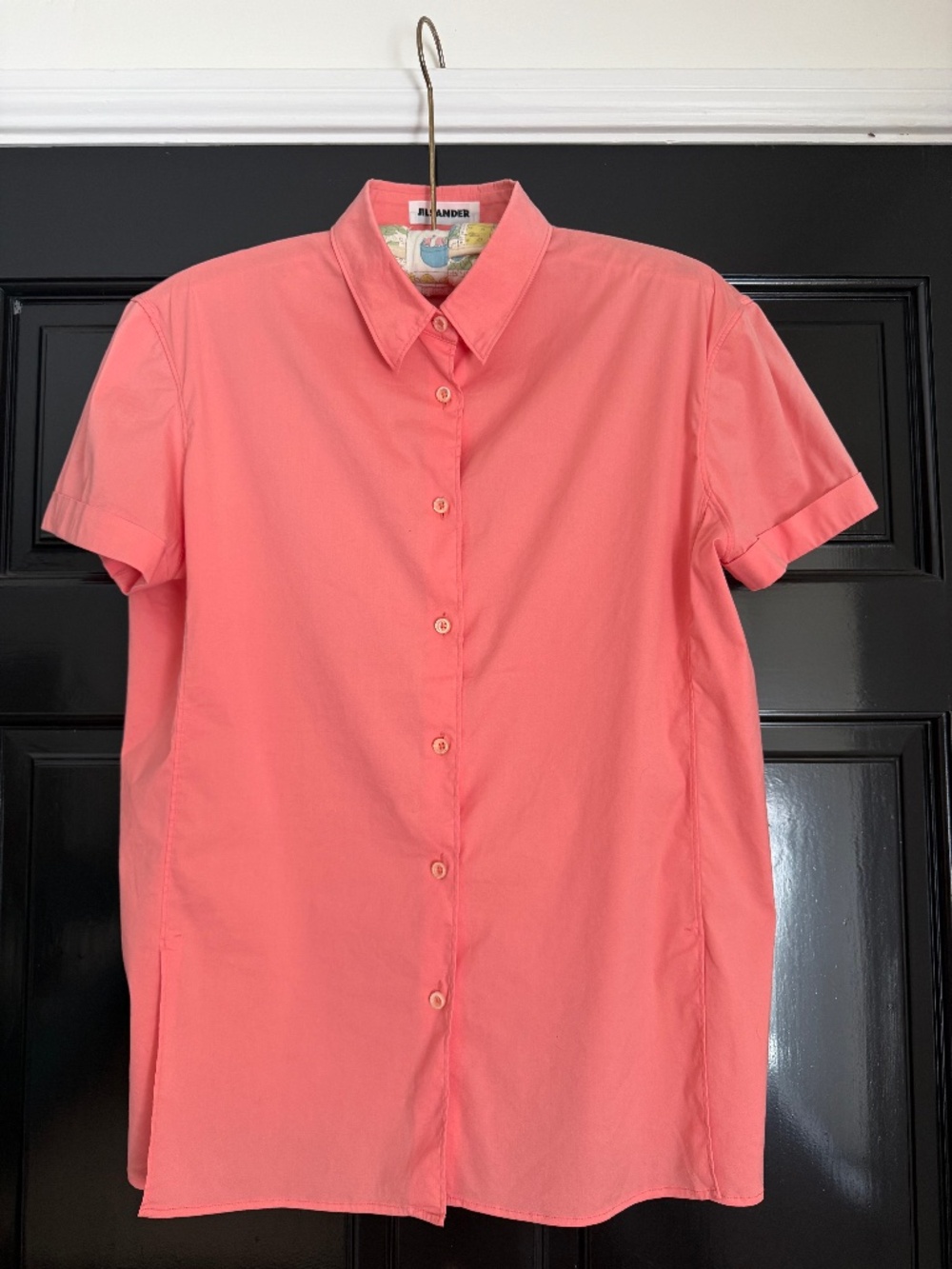 Jil Sander Designer Peach Coral Short Sleeve Button Down Stretch Poplin Cotton
